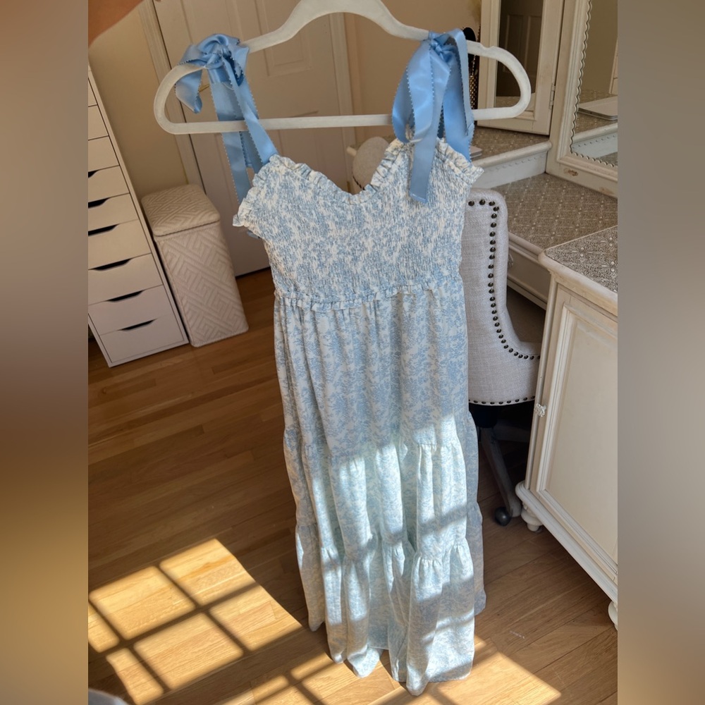 Blue and White Floral Maxi Dress with Ribbon Straps!
